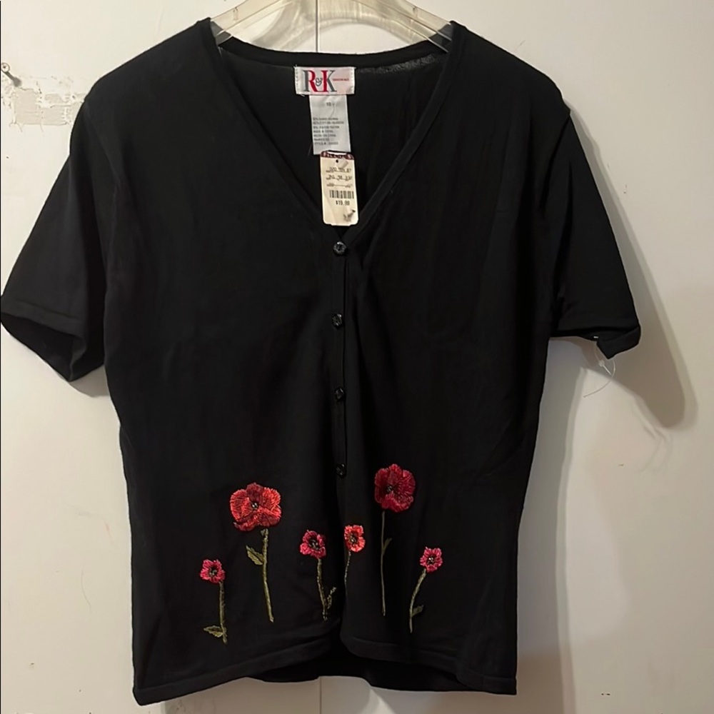 R&K Black Fitted Buttoned T-Shirt with Red Accents